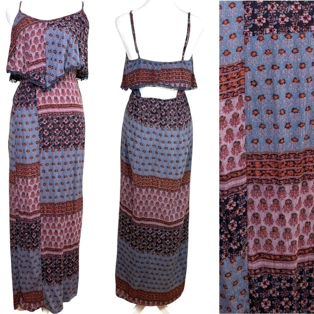 American Eagle Boho Indian Floral Print Ruffle Sleeveless Maxi Dress S